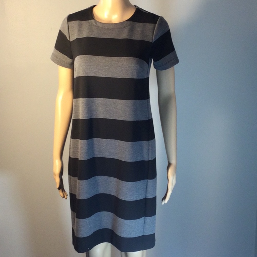 LOFT BLACK & GRAY STRIPED STRAIGHT MIDI DRESS